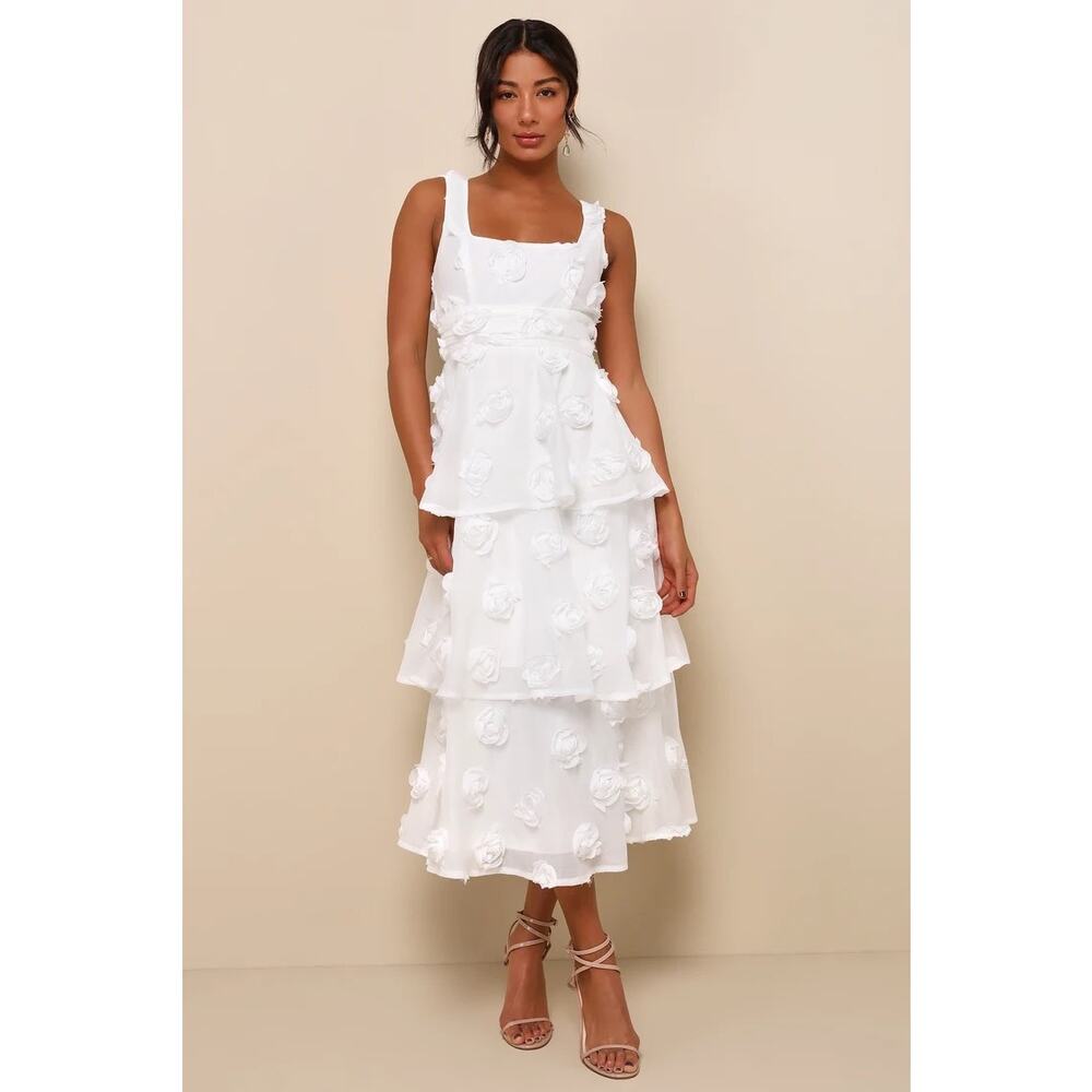 Lulu’s Exceptional Entrance White Tiered Rosette Midi Dress NWT